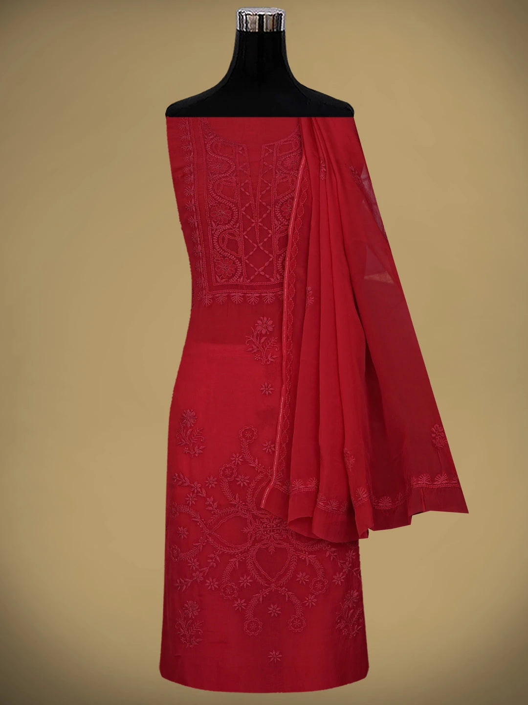 Ada Hand Embroidered Red Organza Lucknowi Chikankari Unstitched Kurta Dupatta Set 01A792738
