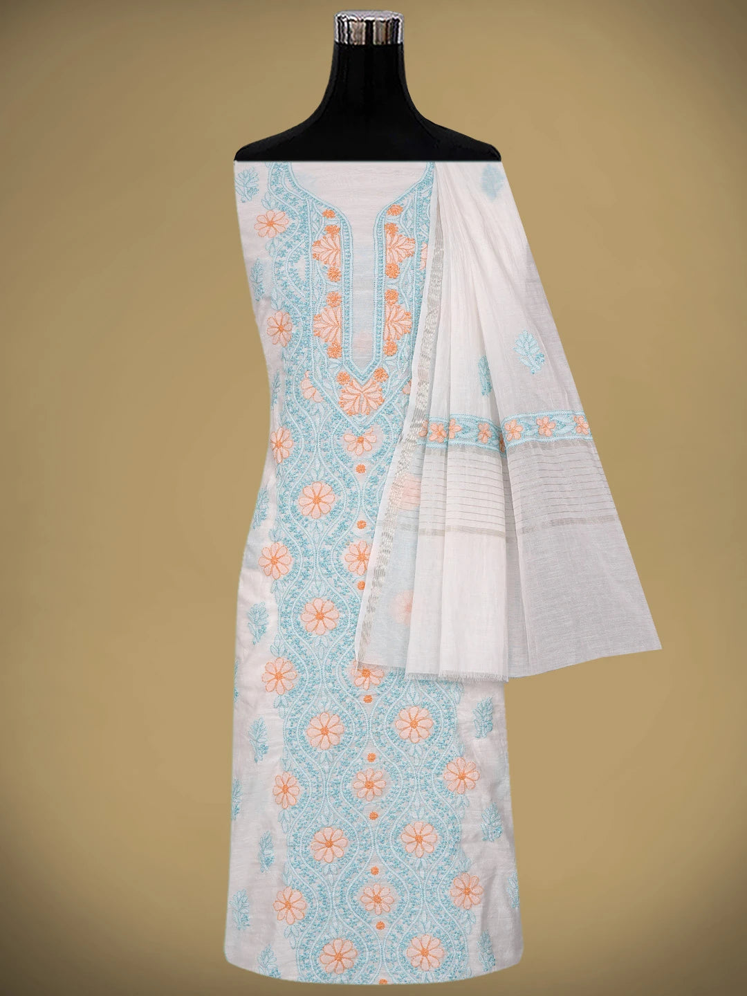 Ada Hand Embroidered White Chanderi Lucknowi Chikankari Unstitched Kurta Dupatta Set 01A897643