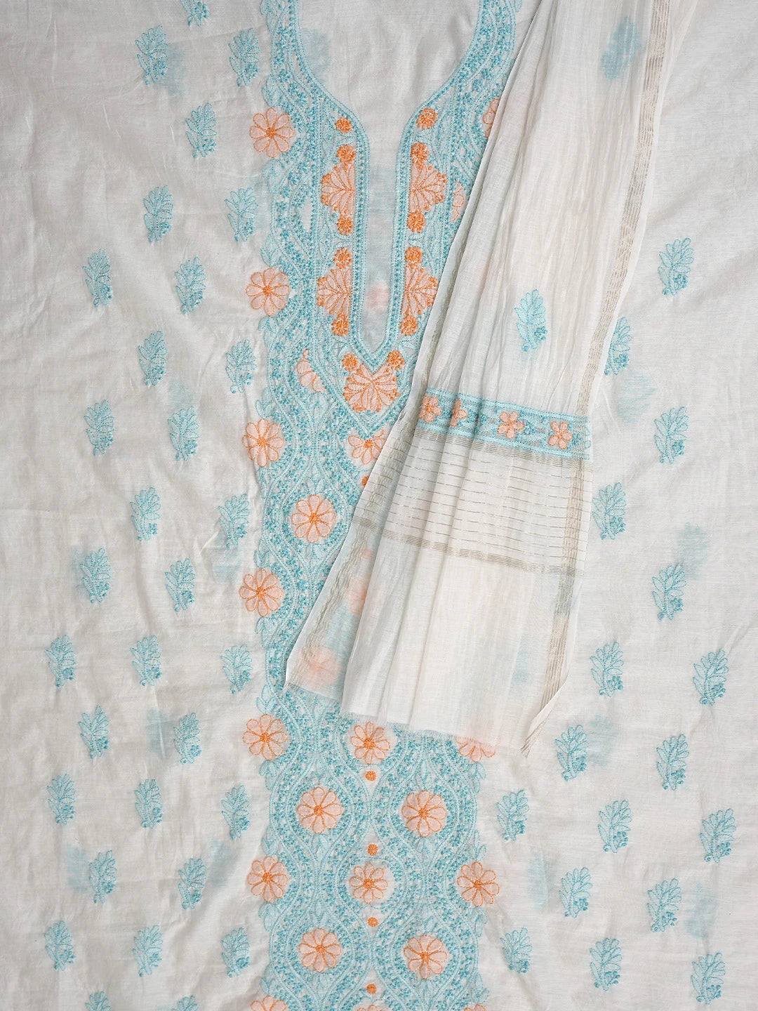 Ada Hand Embroidered White Chanderi Lucknowi Chikankari Unstitched Kurta Dupatta Set 01A897643