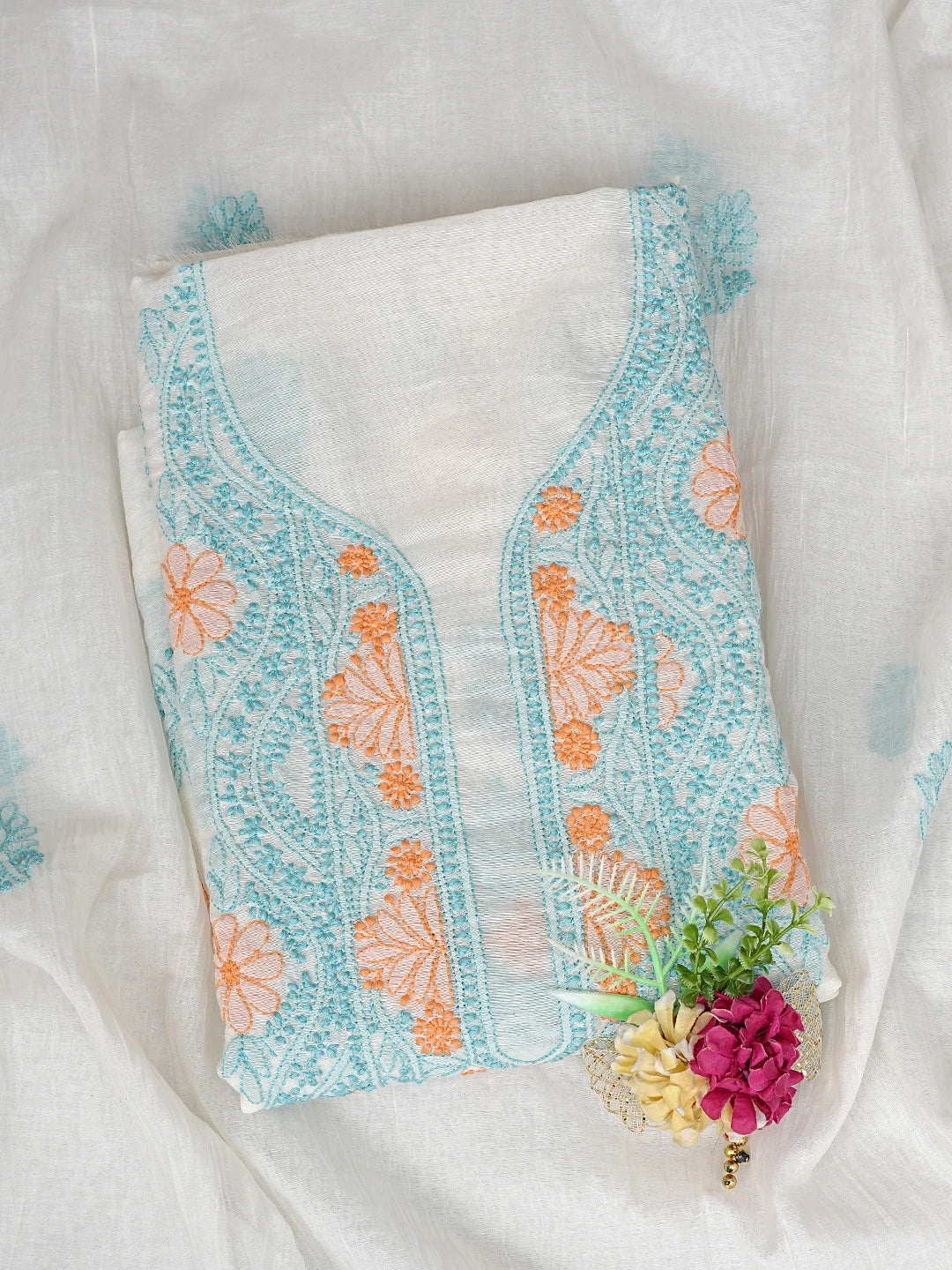 Ada Hand Embroidered White Chanderi Lucknowi Chikankari Unstitched Kurta Dupatta Set 01A897643