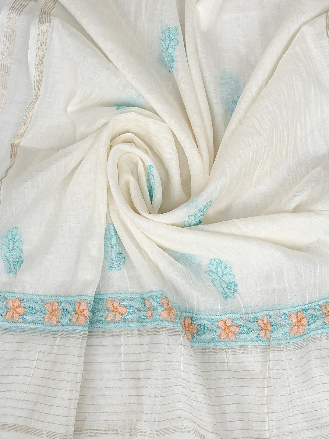 Ada Hand Embroidered White Chanderi Lucknowi Chikankari Unstitched Kurta Dupatta Set 01A897643