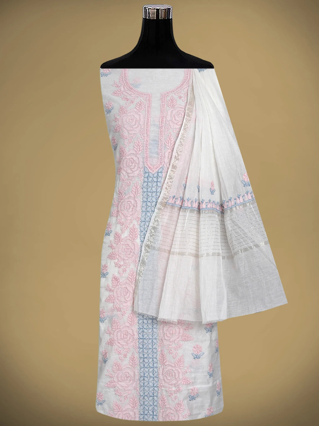 Ada Hand Embroidered White Chanderi Lucknowi Chikankari Unstitched Kurta Dupatta Set 01A897500