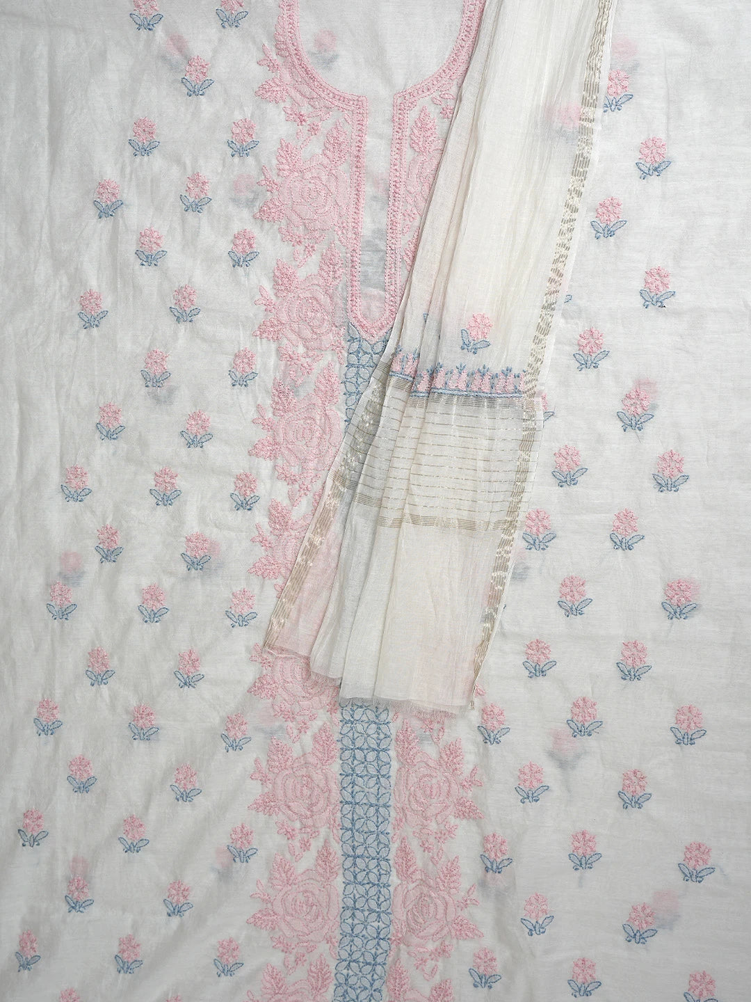 Ada Hand Embroidered White Chanderi Lucknowi Chikankari Unstitched Kurta Dupatta Set 01A897500