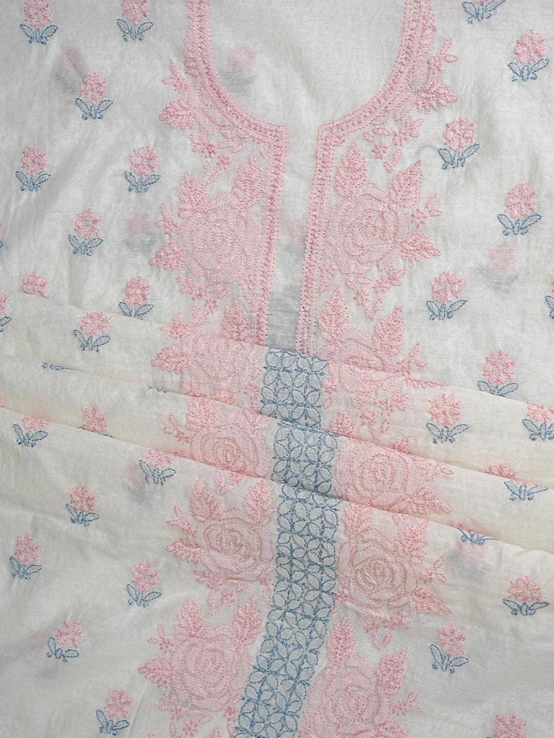 Ada Hand Embroidered White Chanderi Lucknowi Chikankari Unstitched Kurta Dupatta Set 01A897500