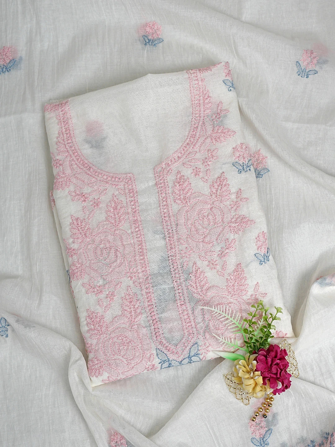 Ada Hand Embroidered White Chanderi Lucknowi Chikankari Unstitched Kurta Dupatta Set 01A897500