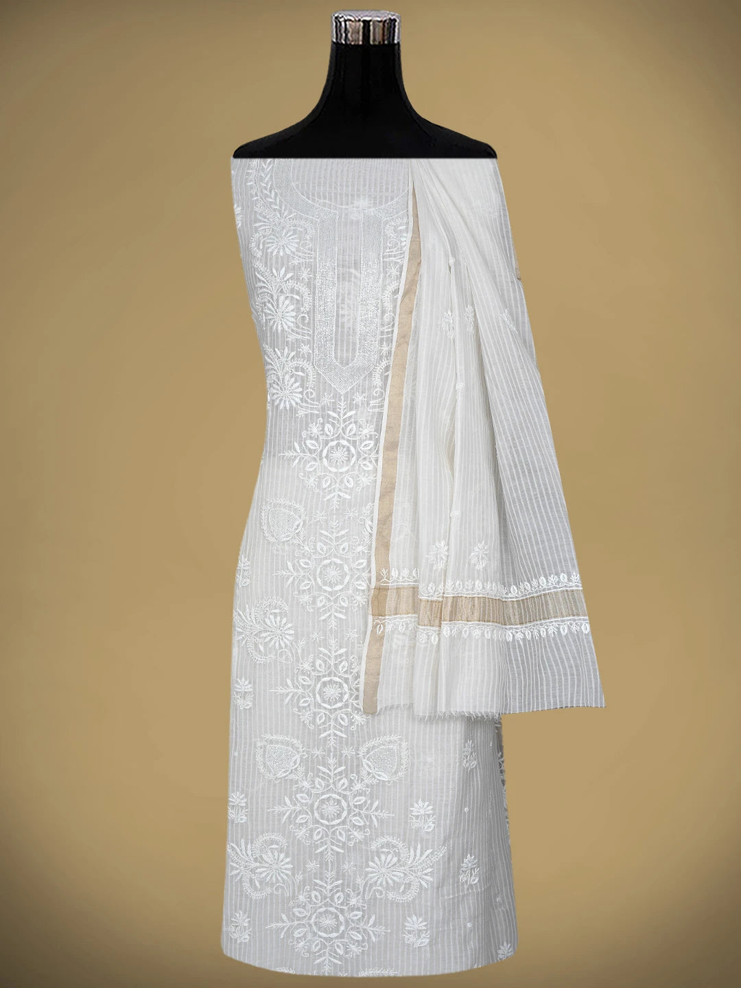 Ada Hand Embroidered White Chanderi Lucknowi Chikankari Unstitched Kurta Dupatta Set with Cutdana Work 01A897549