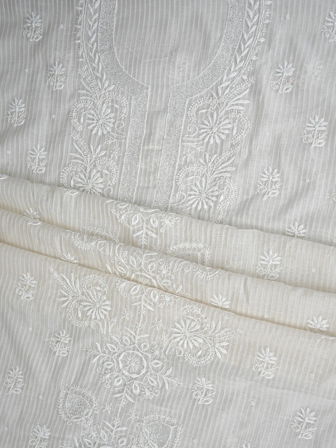 Ada Hand Embroidered White Chanderi Lucknowi Chikankari Unstitched Kurta Dupatta Set with Cutdana Work 01A897549