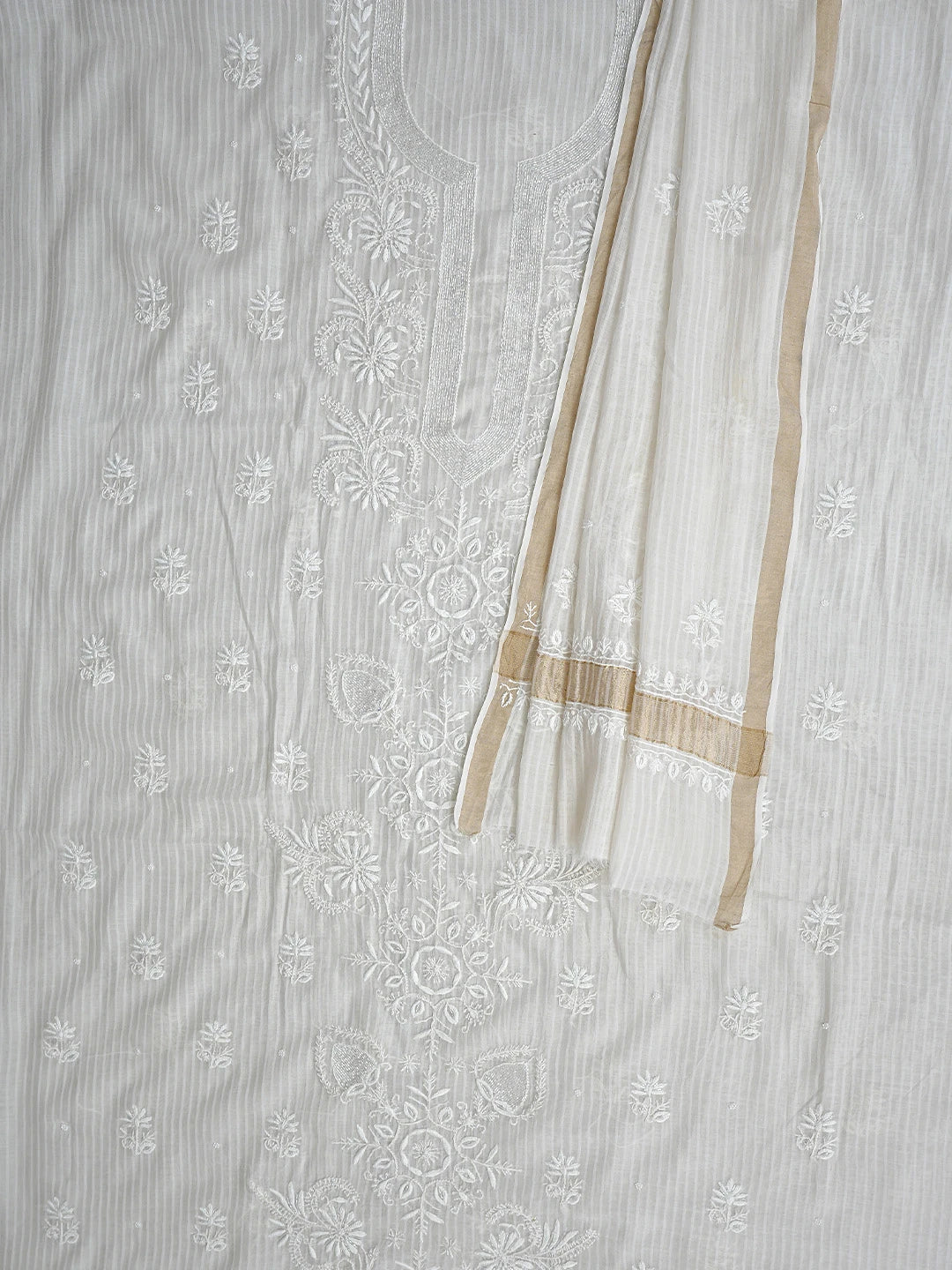Ada Hand Embroidered White Chanderi Lucknowi Chikankari Unstitched Kurta Dupatta Set with Cutdana Work 01A897549