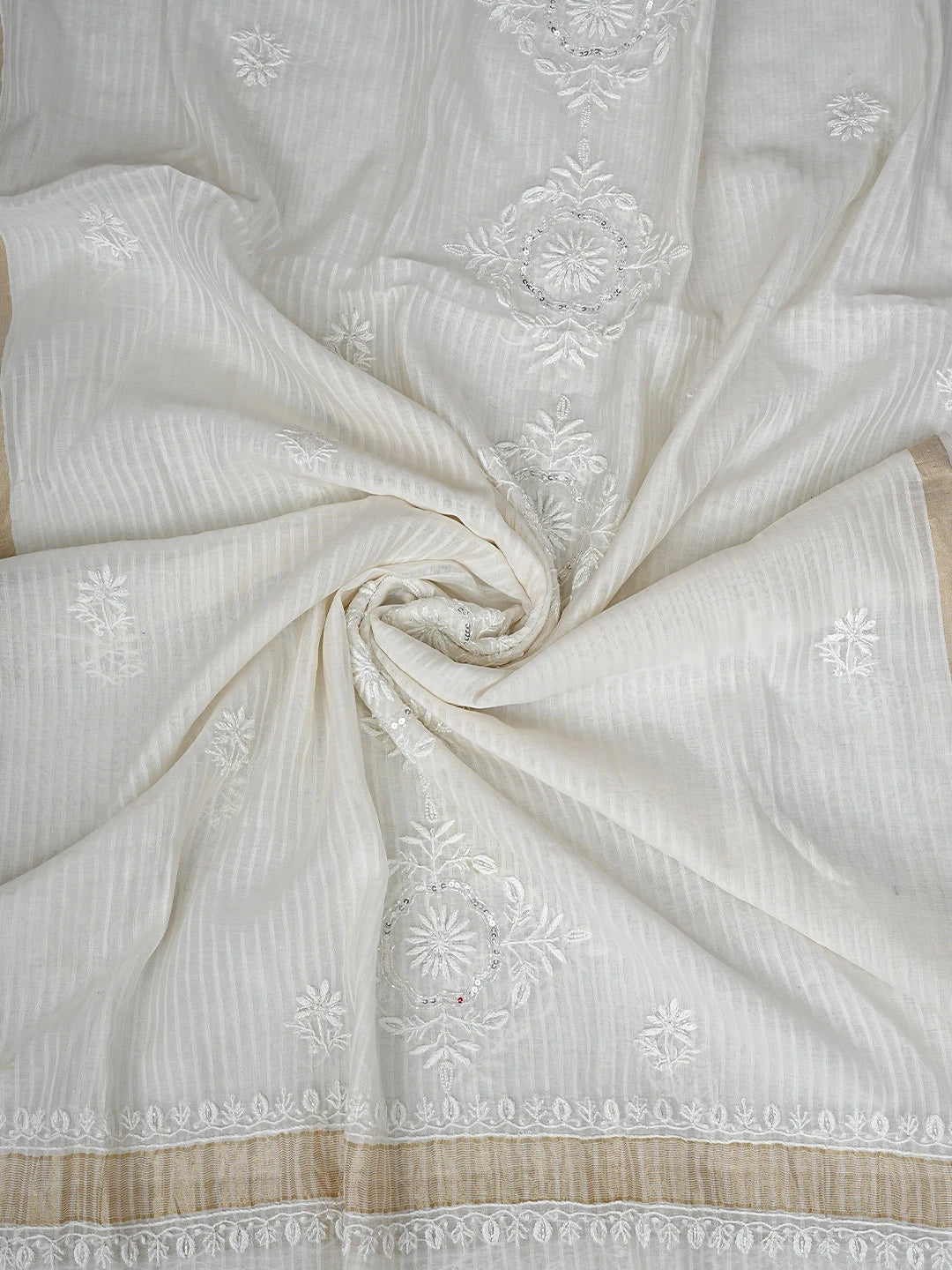 Ada Hand Embroidered White Chanderi Lucknowi Chikankari Unstitched Kurta Dupatta Set with Cutdana Work 01A897549