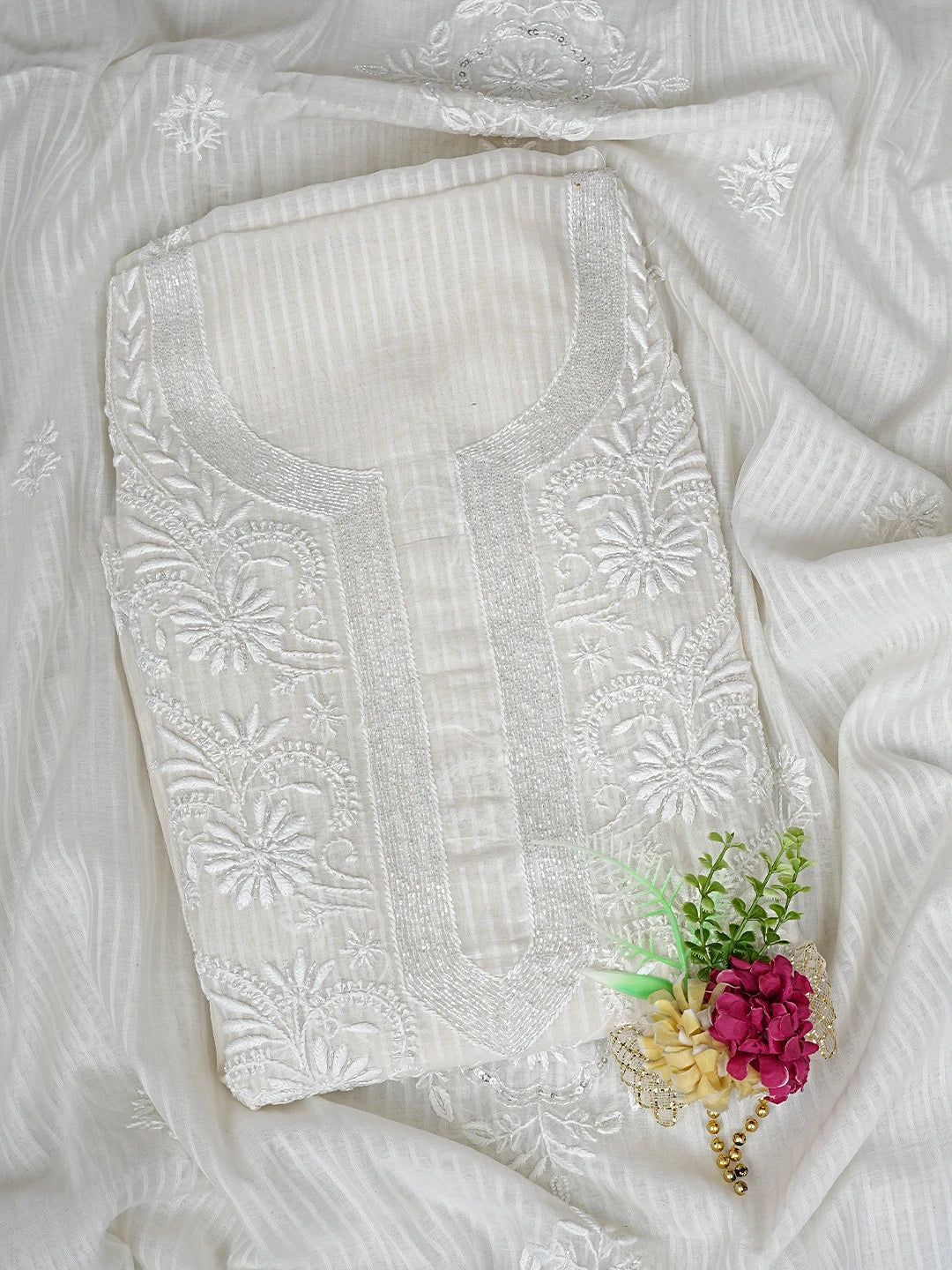 Ada Hand Embroidered White Chanderi Lucknowi Chikankari Unstitched Kurta Dupatta Set with Cutdana Work 01A897549
