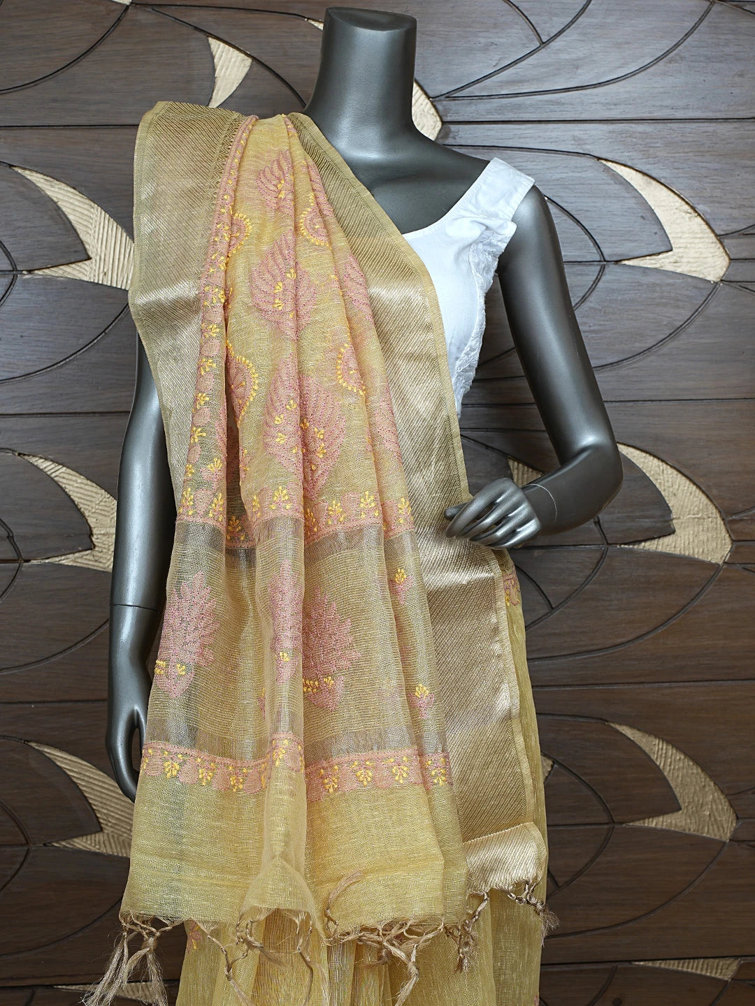 Ada Hand Embroidered Old Gold Yellow Tissue Lucknowi Chikankari Saree With Blouse 01A869681