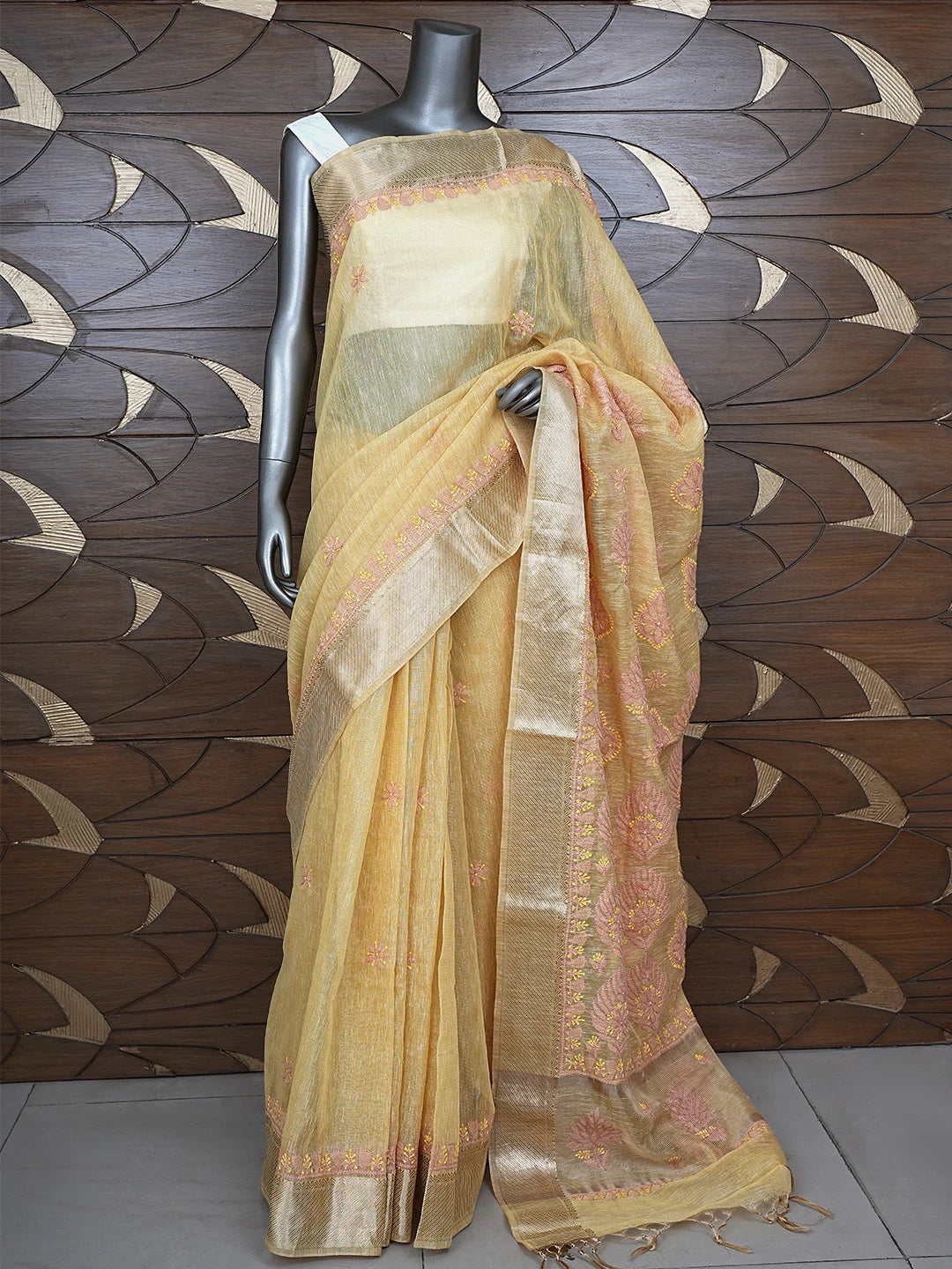 Ada Hand Embroidered Old Gold Yellow Tissue Lucknowi Chikankari Saree With Blouse 01A869681