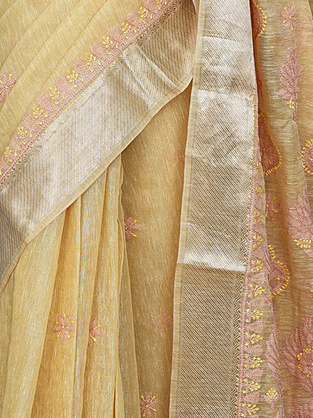 Ada Hand Embroidered Old Gold Yellow Tissue Lucknowi Chikankari Saree With Blouse 01A869681