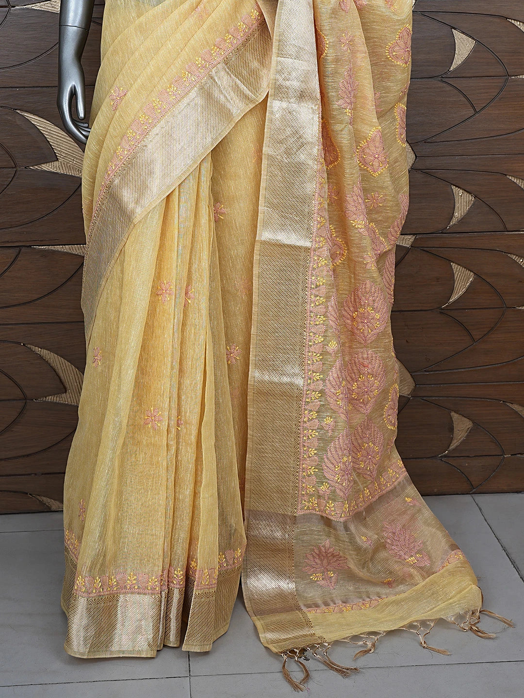Ada Hand Embroidered Old Gold Yellow Tissue Lucknowi Chikankari Saree With Blouse 01A869681