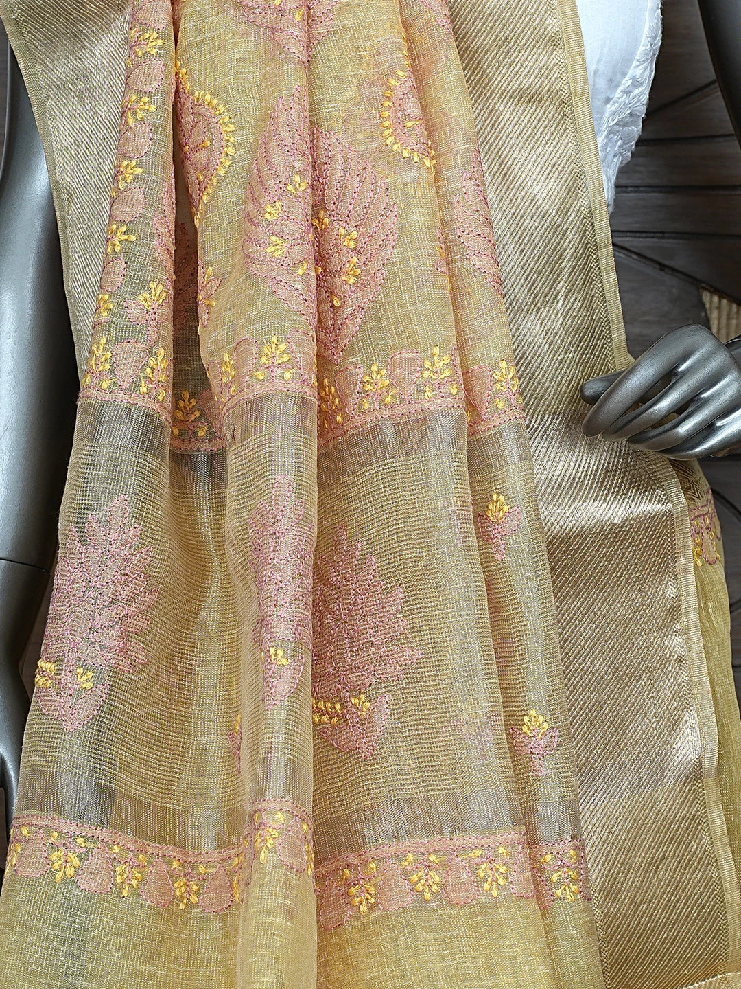Ada Hand Embroidered Old Gold Yellow Tissue Lucknowi Chikankari Saree With Blouse 01A869681