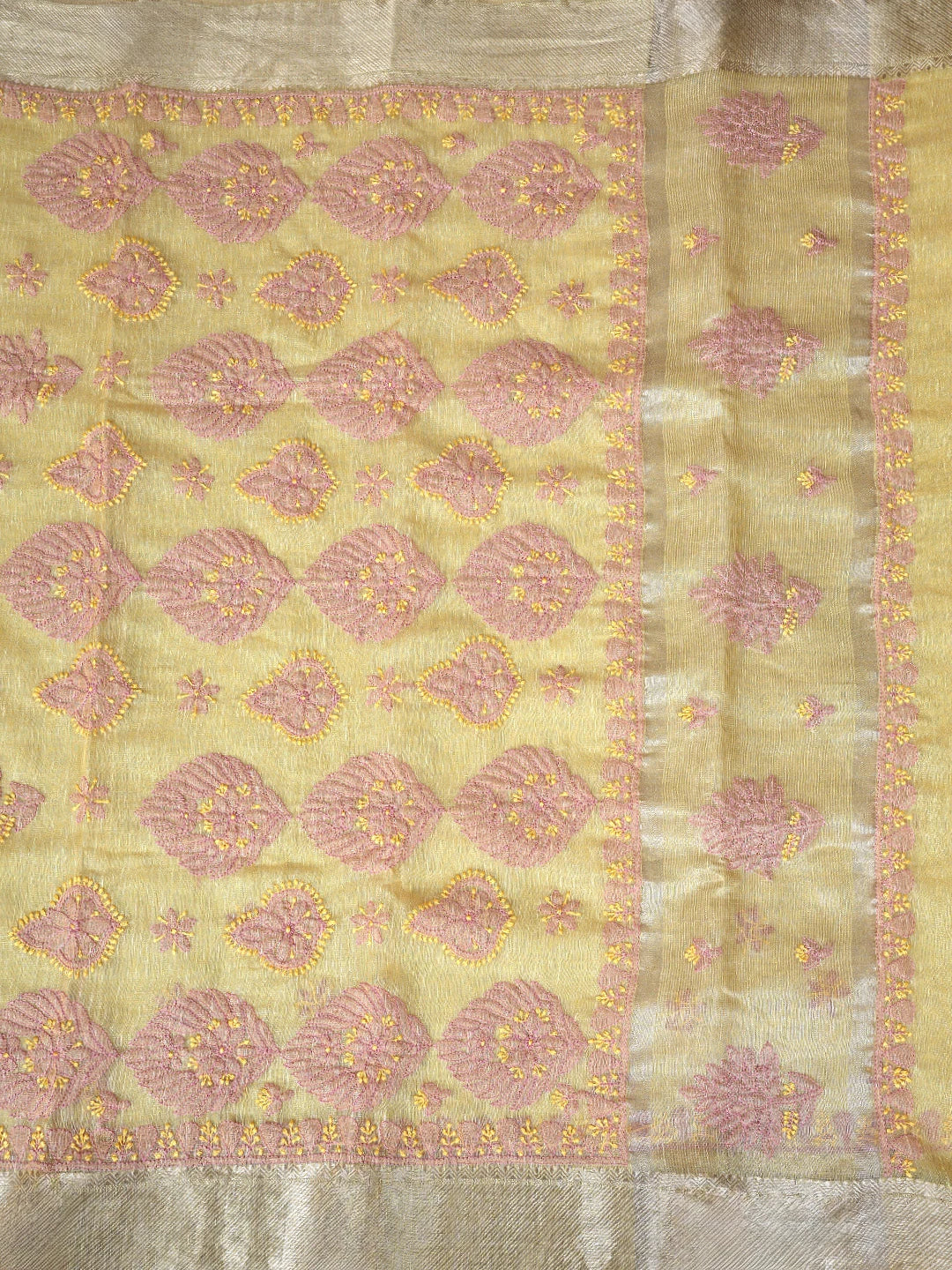 Ada Hand Embroidered Old Gold Yellow Tissue Lucknowi Chikankari Saree With Blouse 01A869681