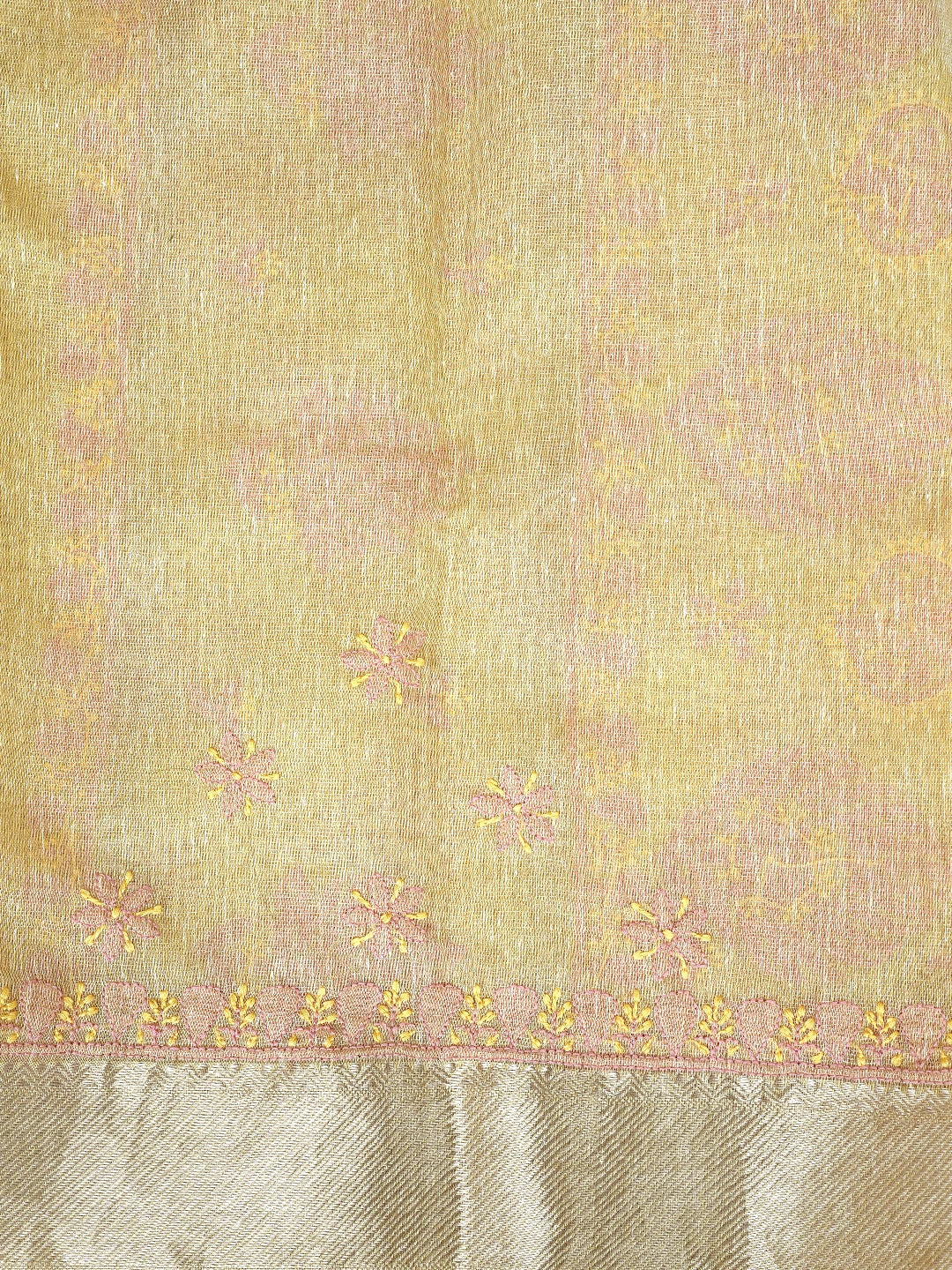 Ada Hand Embroidered Old Gold Yellow Tissue Lucknowi Chikankari Saree With Blouse 01A869681