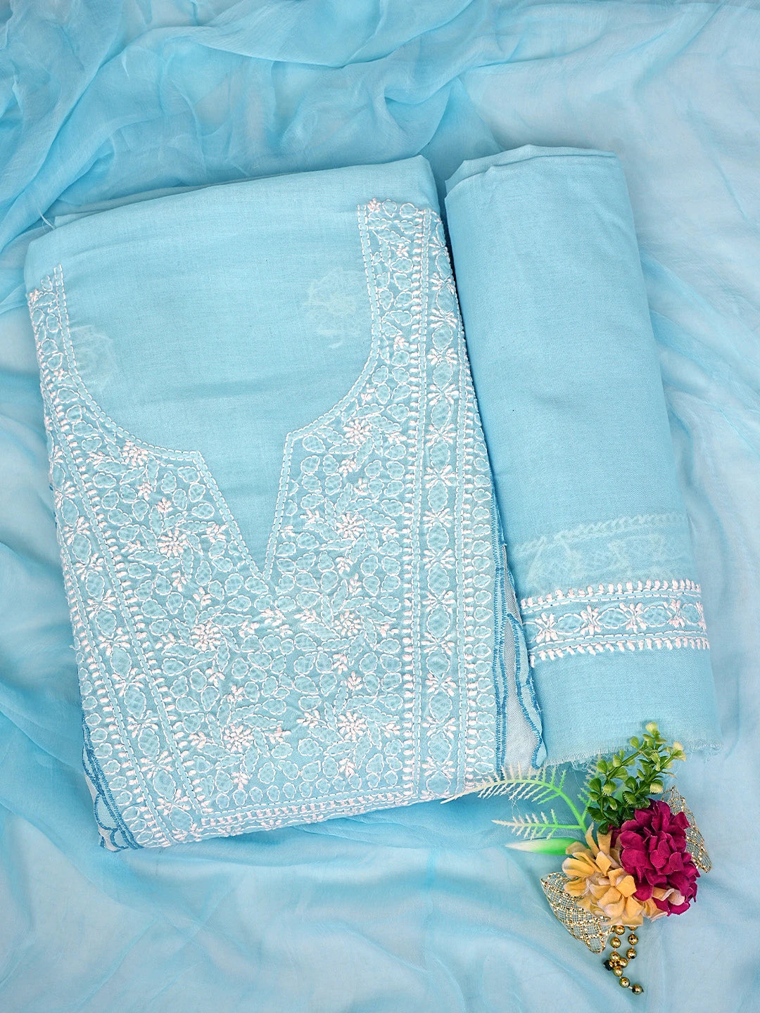 Ada Hand Embroidered Blue Cotton Lucknowi Chikankari Unstitched Suit Piece 01A821965