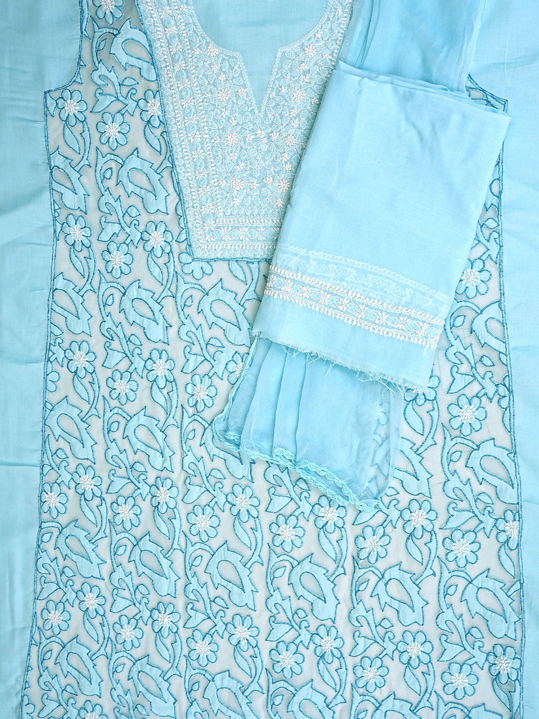 Ada Hand Embroidered Blue Cotton Lucknowi Chikankari Unstitched Suit Piece 01A821965
