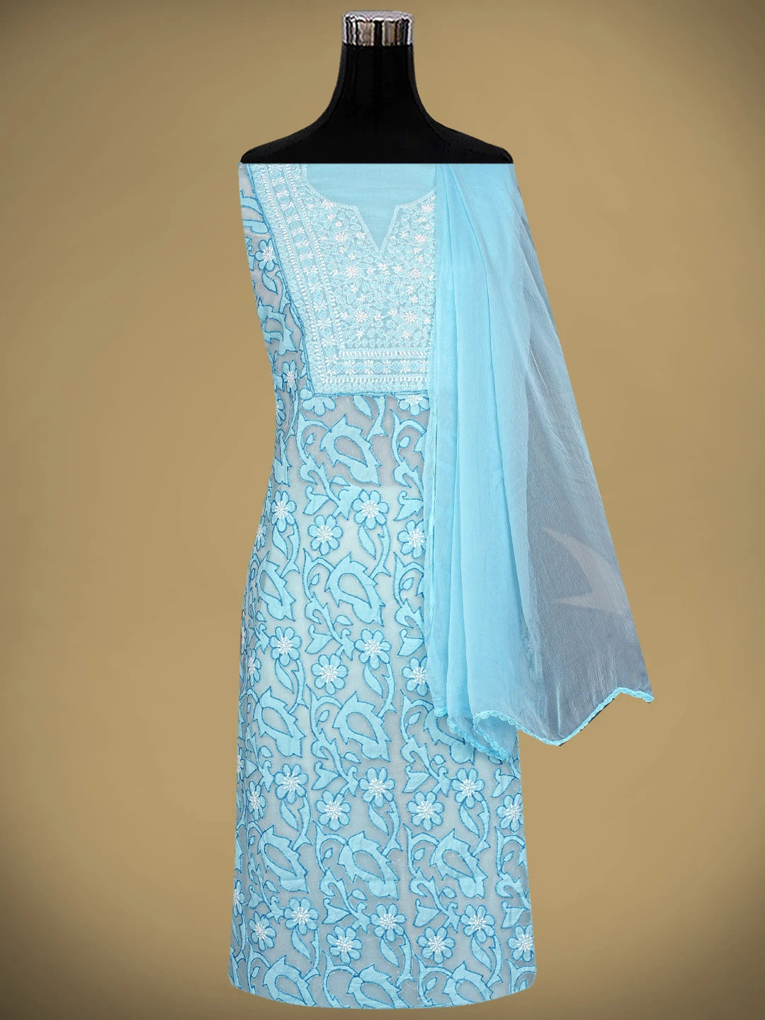 Ada Hand Embroidered Blue Cotton Lucknowi Chikankari Unstitched Suit Piece 01A821965