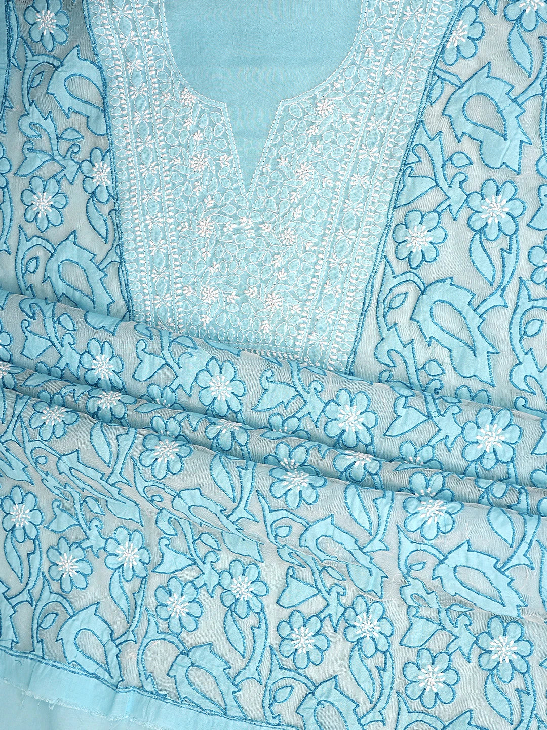 Ada Hand Embroidered Blue Cotton Lucknowi Chikankari Unstitched Suit Piece 01A821965