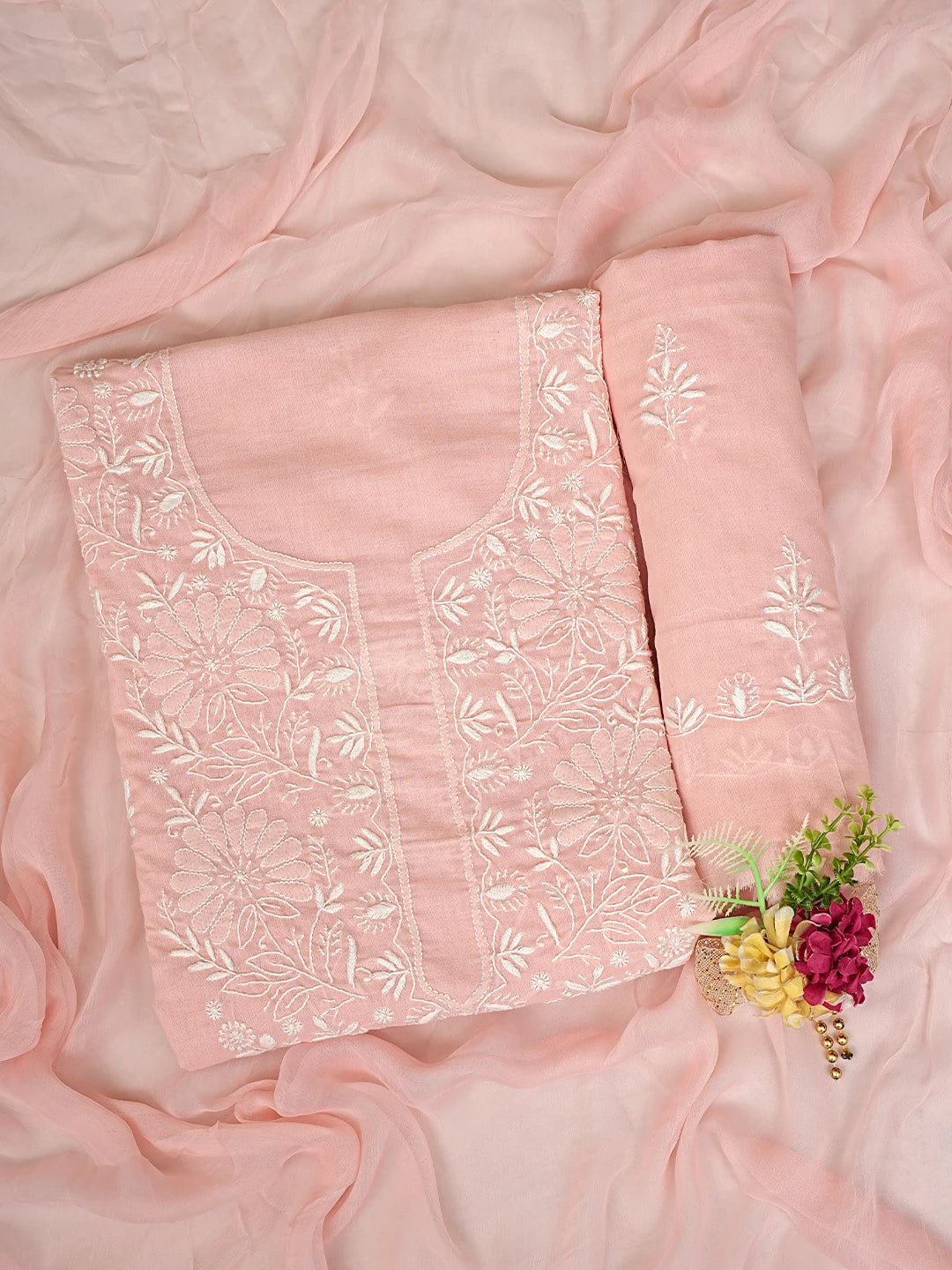 Ada Hand Embroidered Pastel Peach Cotton Lucknowi Chikankari Unstitched Suit Piece 01A762929