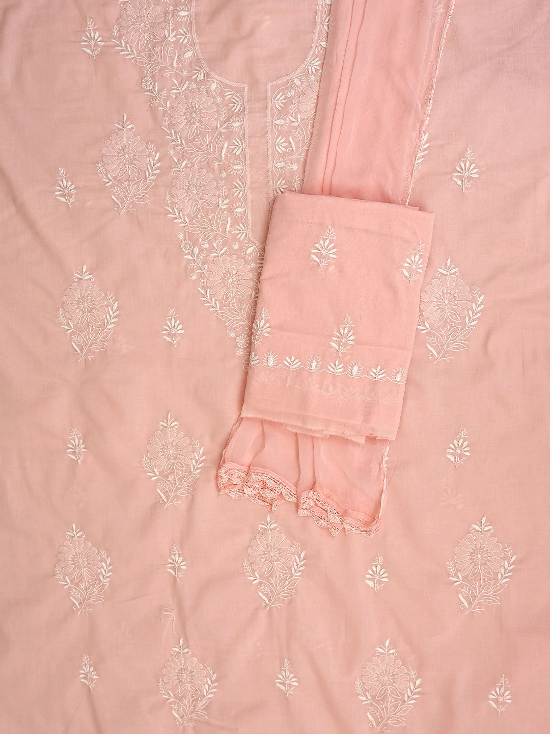 Ada Hand Embroidered Pastel Peach Cotton Lucknowi Chikankari Unstitched Suit Piece 01A762929