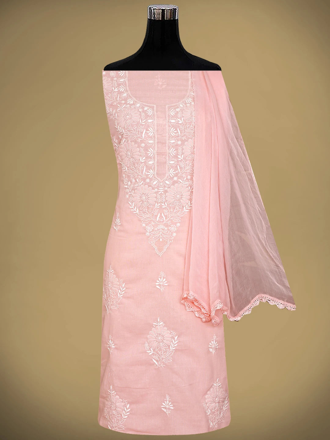 Ada Hand Embroidered Pastel Peach Cotton Lucknowi Chikankari Unstitched Suit Piece 01A762929