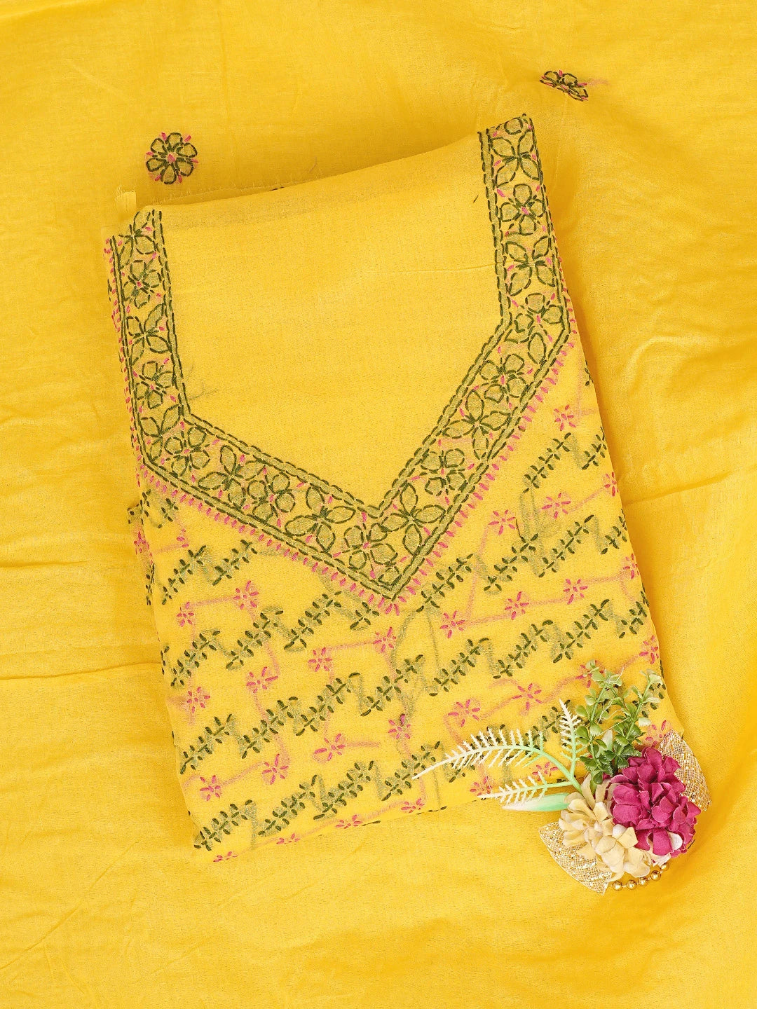 Ada Hand Embroidered Yellow Cotton Lucknowi Chikankari Unstitched Suit Piece 01A893891