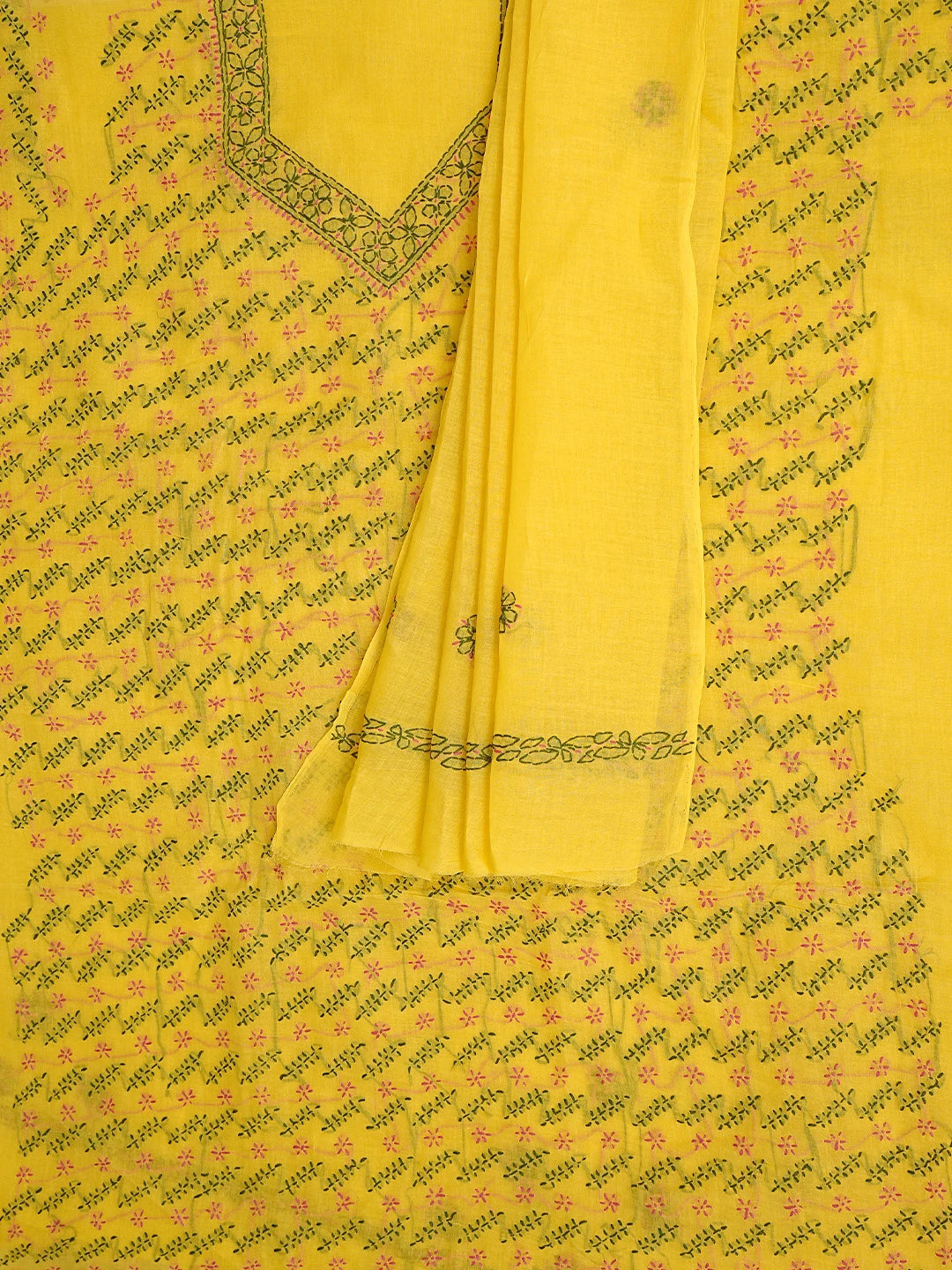 Ada Hand Embroidered Yellow Cotton Lucknowi Chikankari Unstitched Suit Piece 01A893891