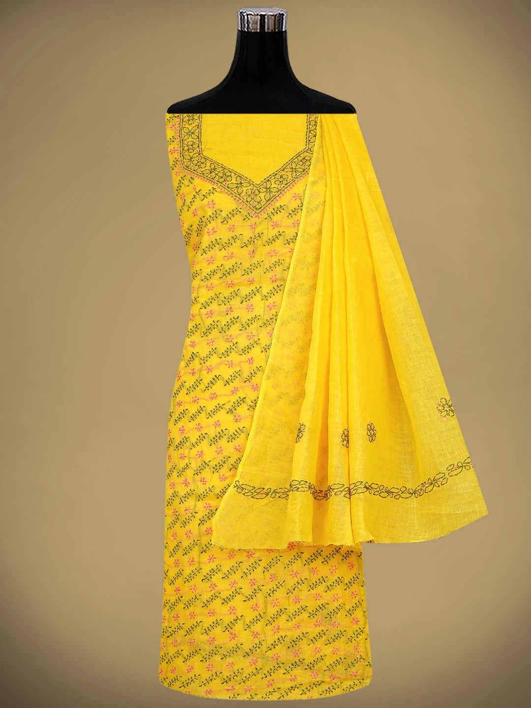 Ada Hand Embroidered Yellow Cotton Lucknowi Chikankari Unstitched Suit Piece 01A893891