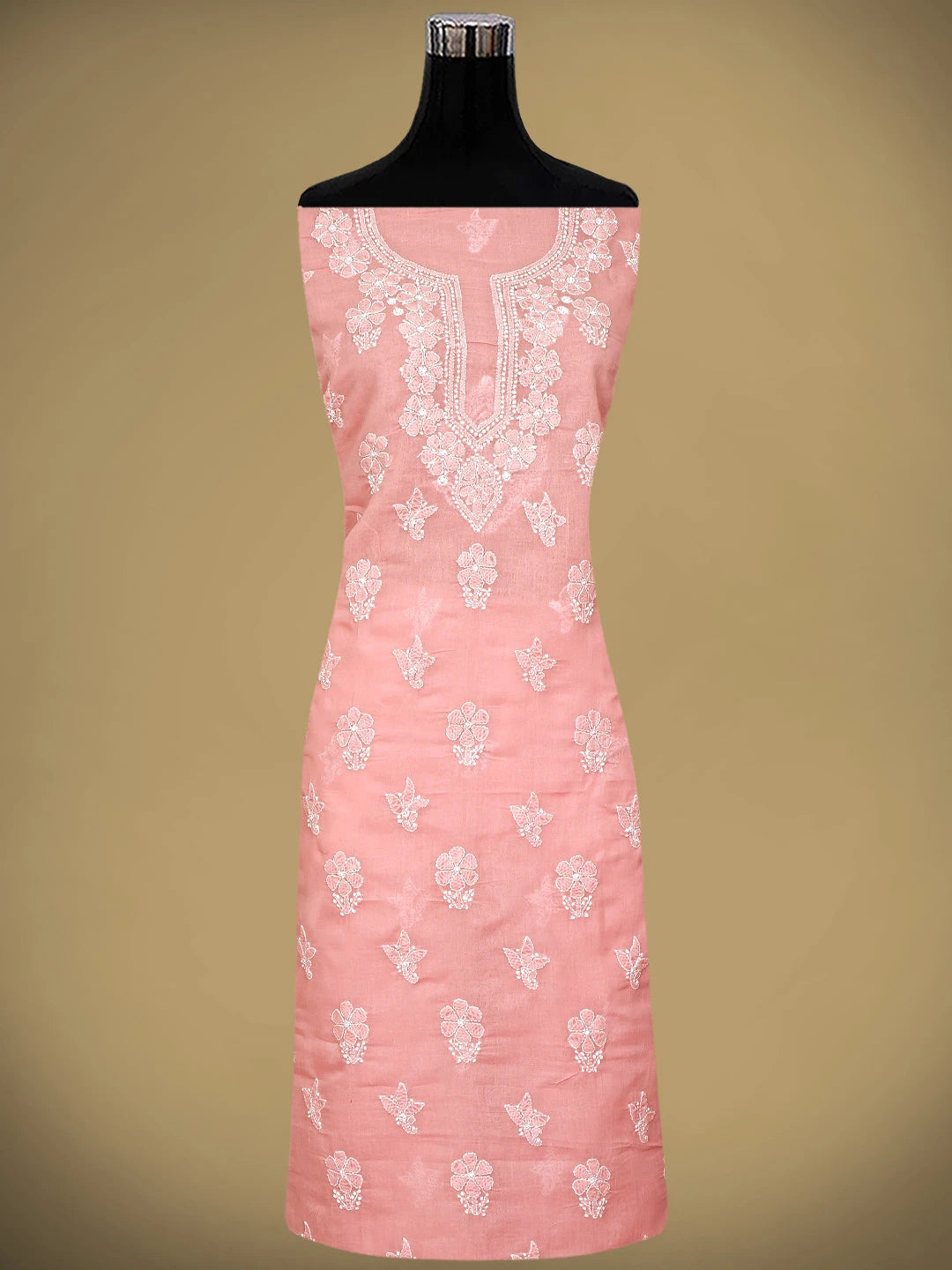 Ada Hand Embroidered Peach Pink Cotton Lucknowi Chikankari Unstitched Suit Piece 01A870961