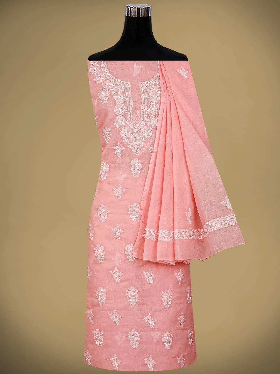 Ada Hand Embroidered Peach Pink Cotton Lucknowi Chikankari Unstitched Suit Piece 01A870961