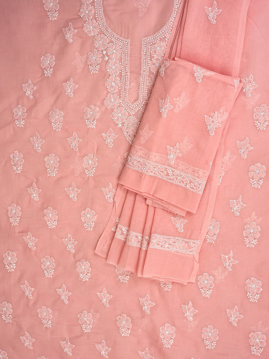 Ada Hand Embroidered Peach Pink Cotton Lucknowi Chikankari Unstitched Suit Piece 01A870961