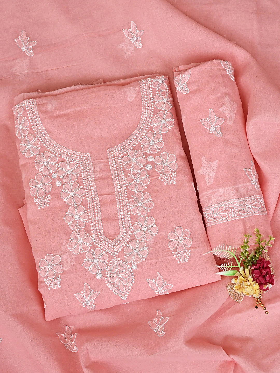 Ada Hand Embroidered Peach Pink Cotton Lucknowi Chikankari Unstitched Suit Piece 01A870961