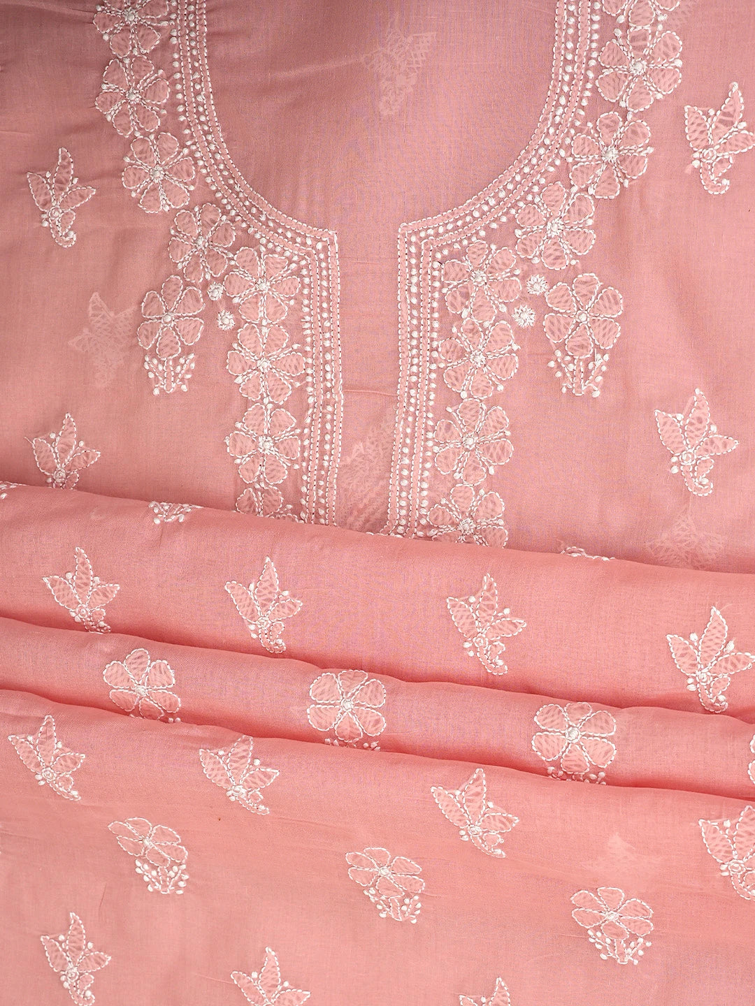 Ada Hand Embroidered Peach Pink Cotton Lucknowi Chikankari Unstitched Suit Piece 01A870961
