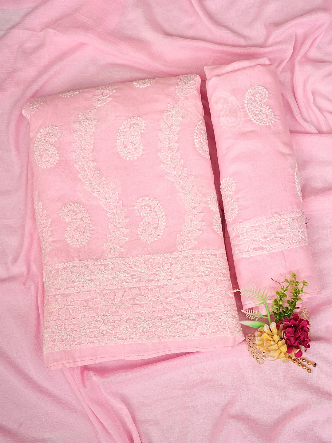 Ada Hand Embroidered Pink Cotton Lucknowi Chikankari Unstitched Suit Piece 01A861431