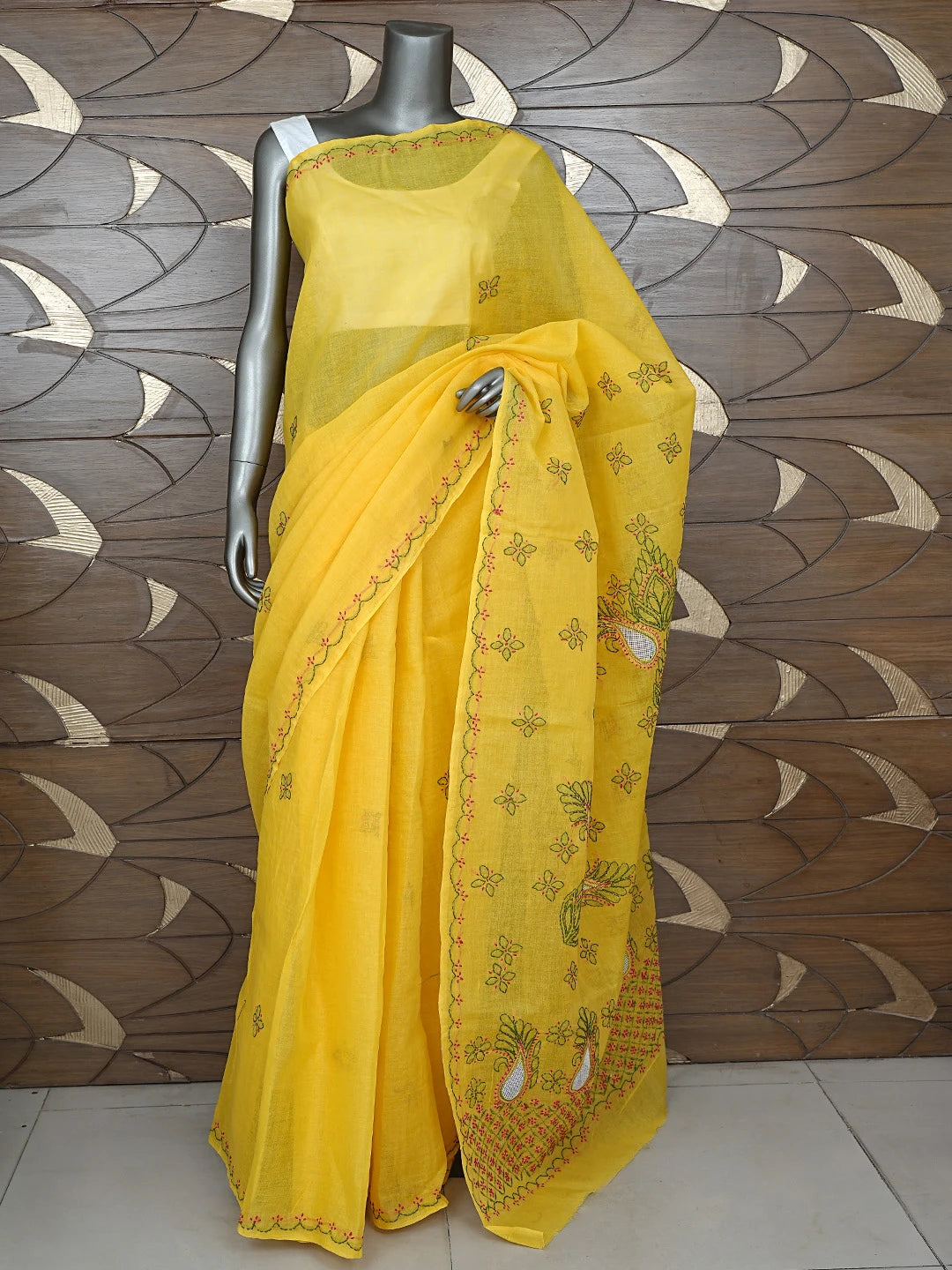 Ada Hand Embroidered Yellow Cotton Lucknowi Chikankari Saree With Blouse 01A891784