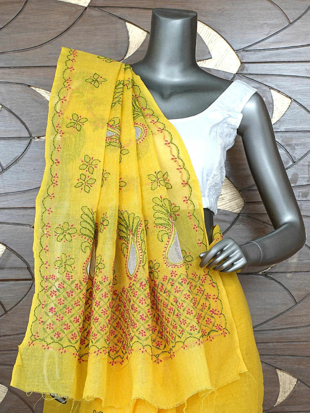 Ada Hand Embroidered Yellow Cotton Lucknowi Chikankari Saree With Blouse 01A891784