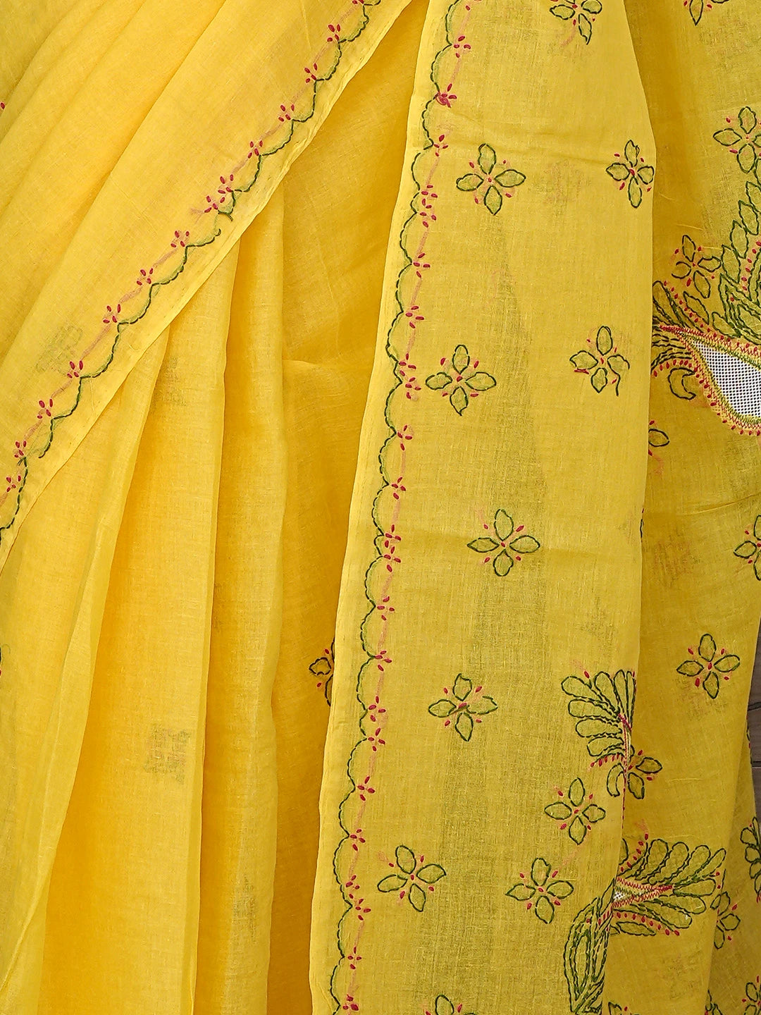 Ada Hand Embroidered Yellow Cotton Lucknowi Chikankari Saree With Blouse 01A891784