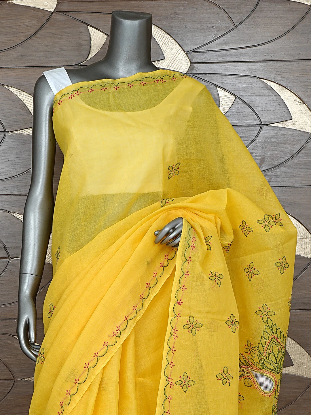 Ada Hand Embroidered Yellow Cotton Lucknowi Chikankari Saree With Blouse 01A891784