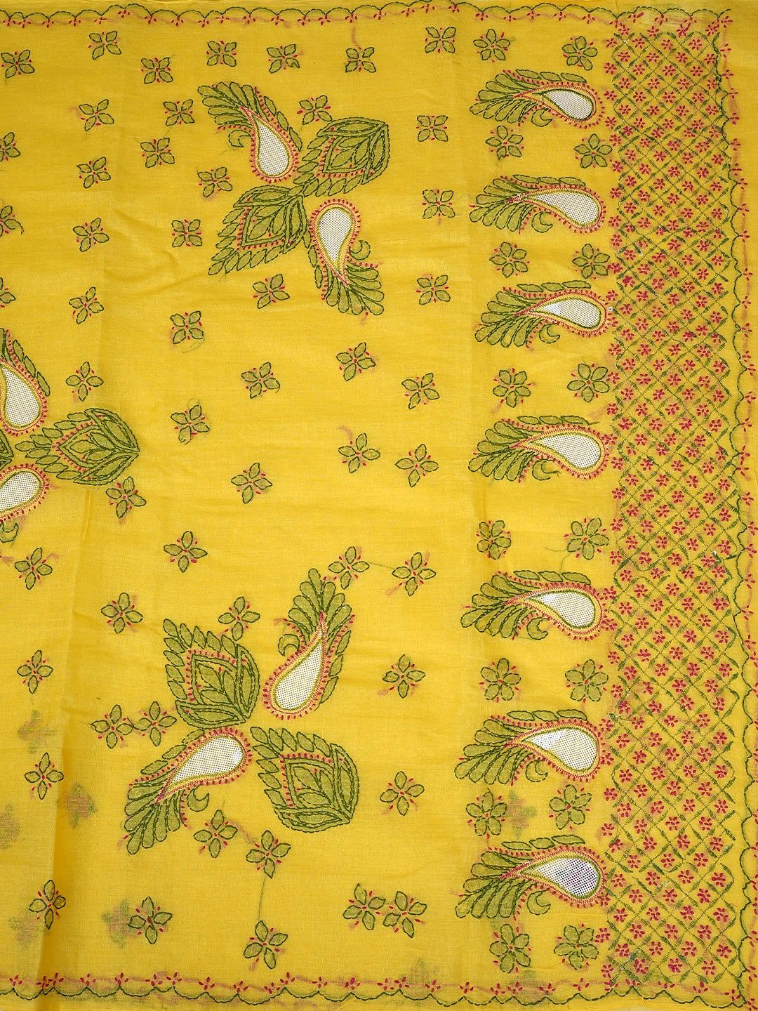 Ada Hand Embroidered Yellow Cotton Lucknowi Chikankari Saree With Blouse 01A891784