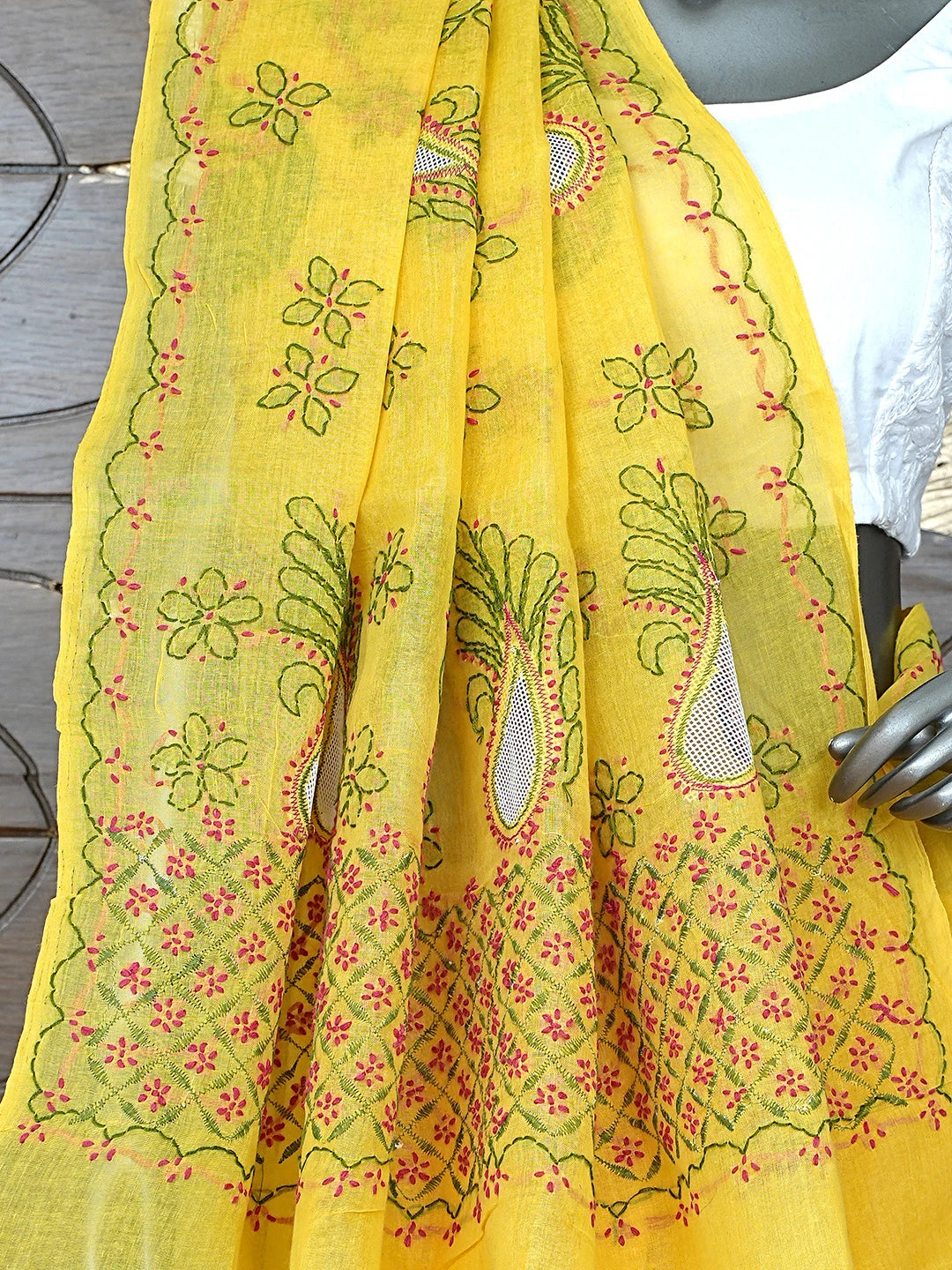 Ada Hand Embroidered Yellow Cotton Lucknowi Chikankari Saree With Blouse 01A891784