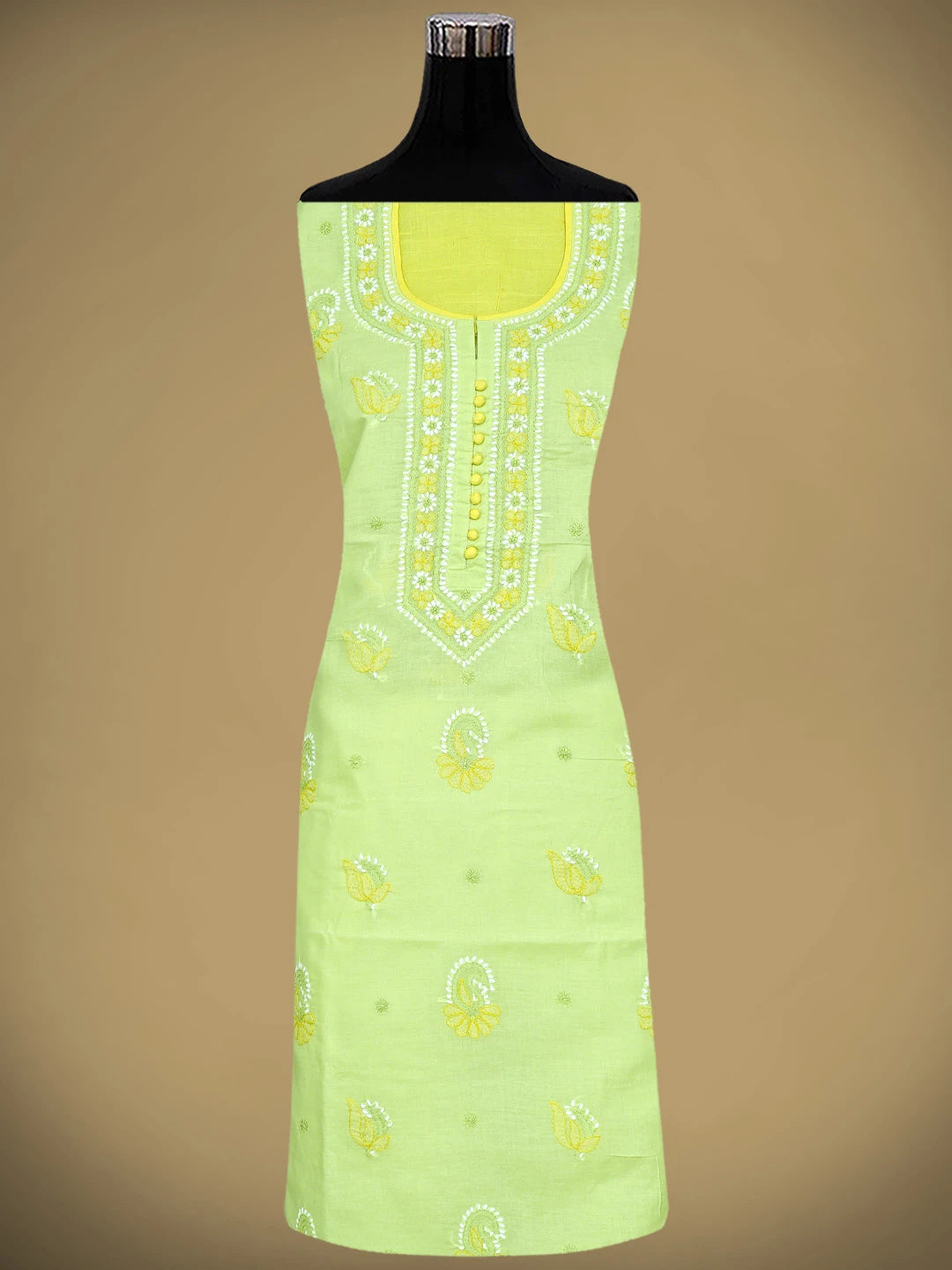 Ada Hand Embroidered Lime Green Cotton Lucknowi Chikankari Unstitched Suit Piece with Chiffon Dupatta 01A879679