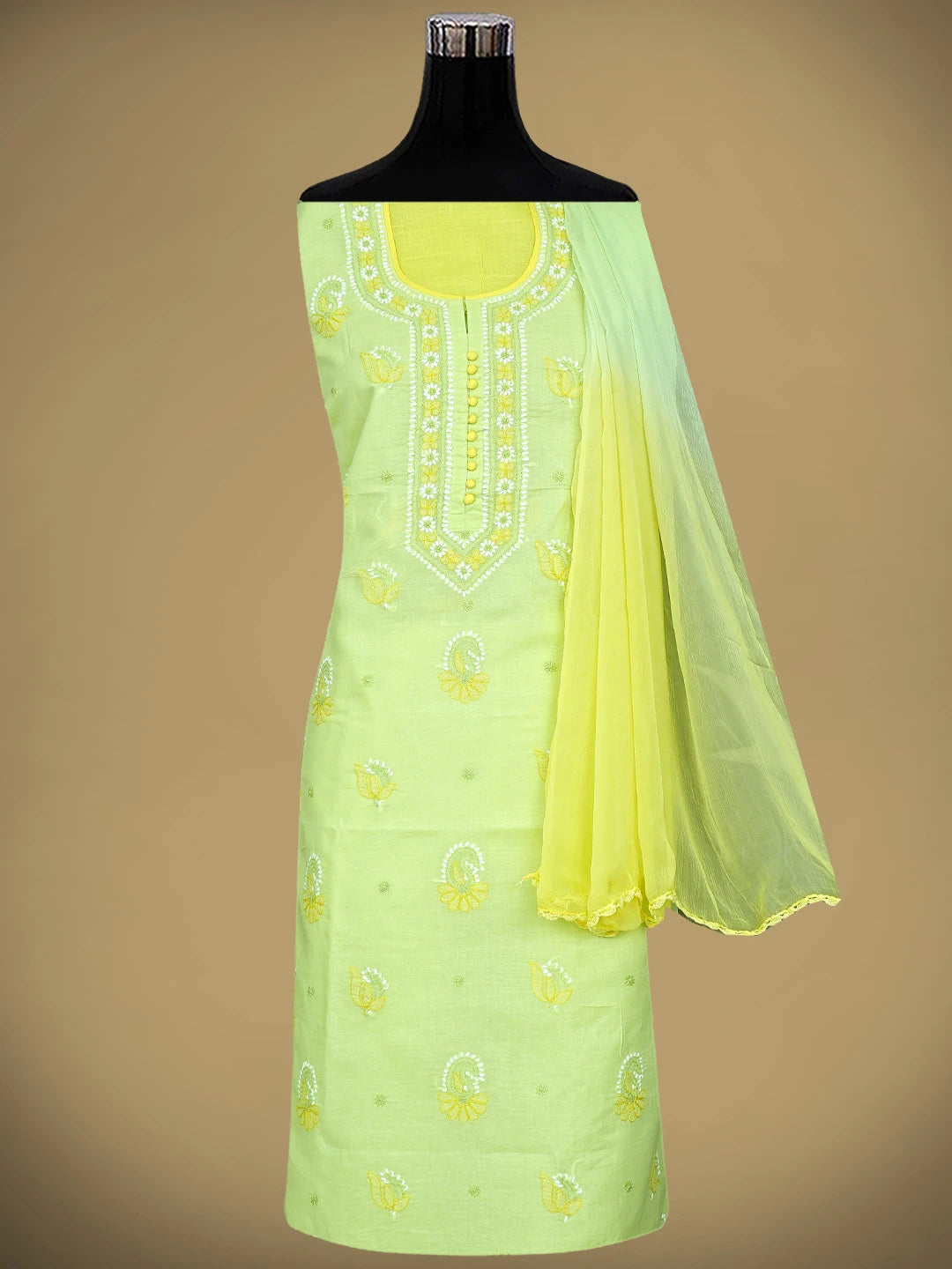 Ada Hand Embroidered Lime Green Cotton Lucknowi Chikankari Unstitched Suit Piece with Chiffon Dupatta 01A879679