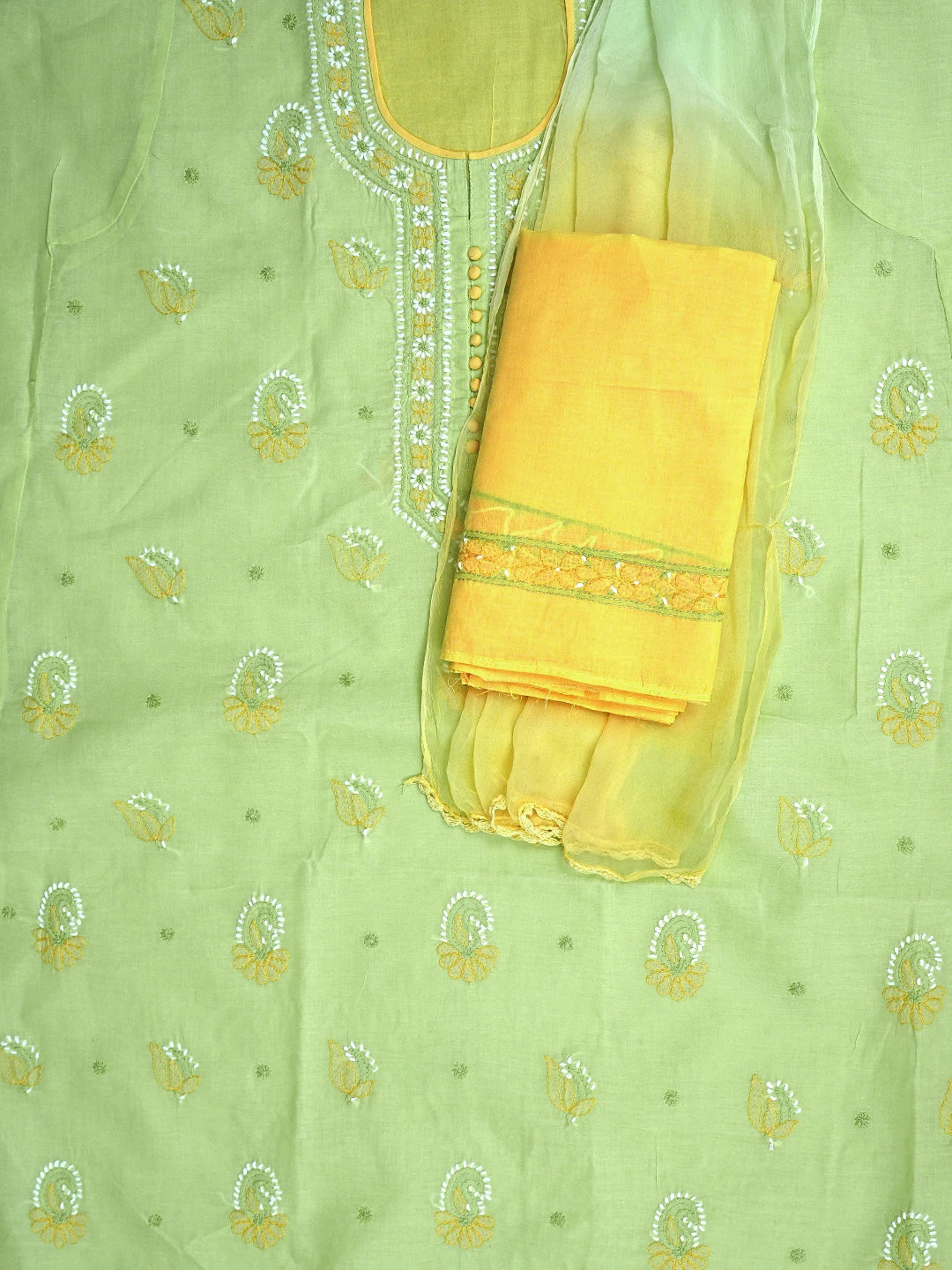 Ada Hand Embroidered Lime Green Cotton Lucknowi Chikankari Unstitched Suit Piece with Chiffon Dupatta 01A879679
