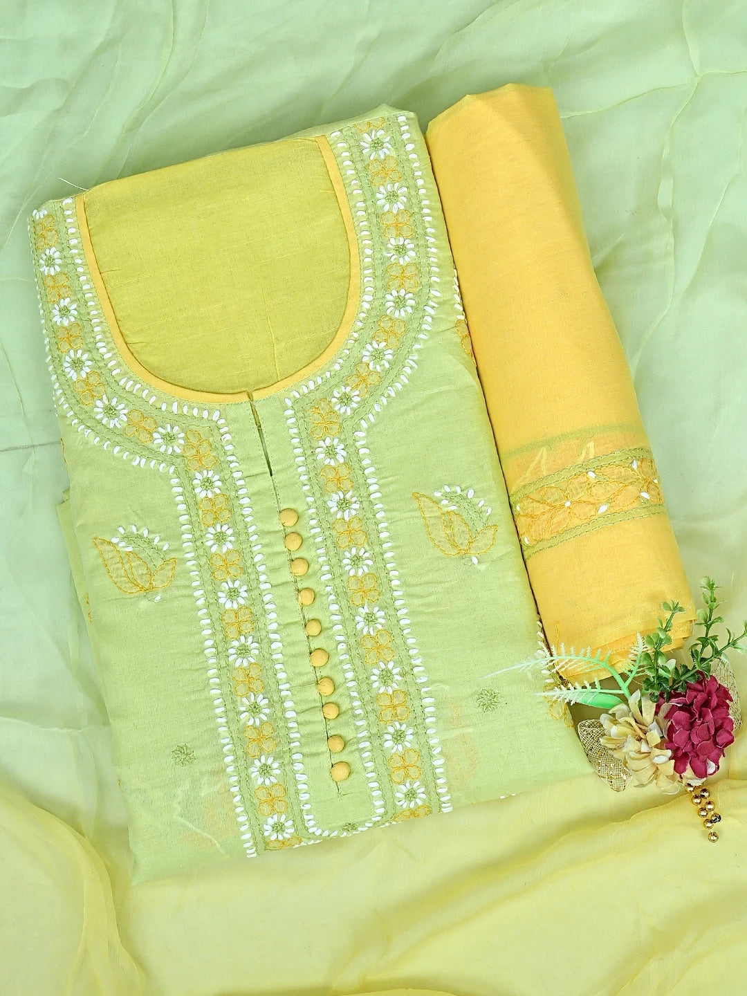 Ada Hand Embroidered Lime Green Cotton Lucknowi Chikankari Unstitched Suit Piece with Chiffon Dupatta 01A879679