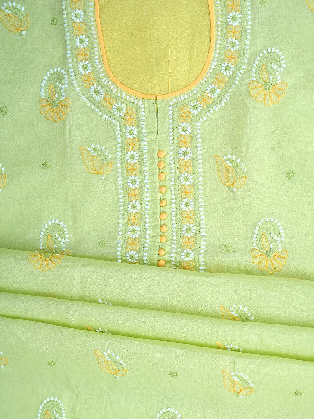Ada Hand Embroidered Lime Green Cotton Lucknowi Chikankari Unstitched Suit Piece with Chiffon Dupatta 01A879679