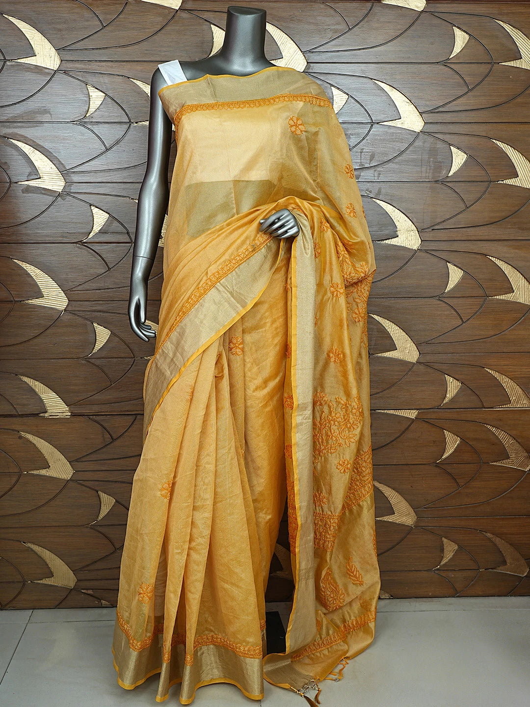 Ada Hand Embroidered Yellow Goldenrod Chanderi Lucknowi Chikankari Saree With Blouse 01A878666