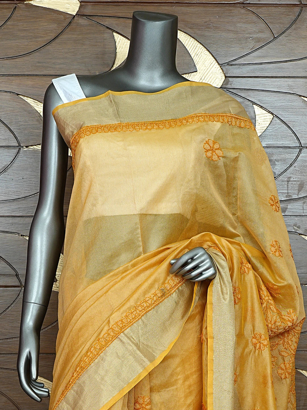 Ada Hand Embroidered Yellow Goldenrod Chanderi Lucknowi Chikankari Saree With Blouse 01A878666